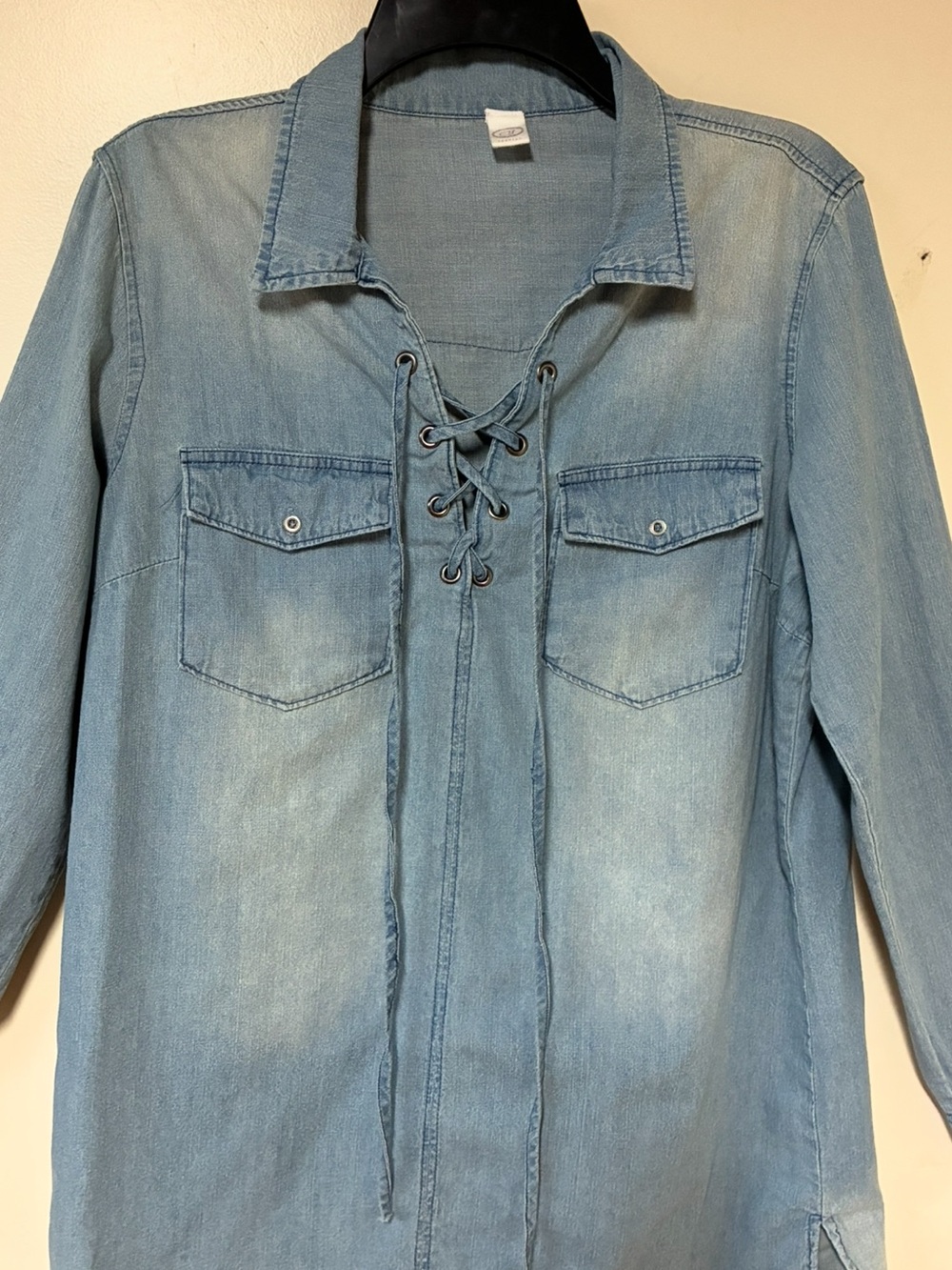 Y2K Boho Lace-Up Denim Chambray Shirt Dress / Tunic — Size Medium